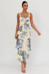 Provence Bloom Tiered Ruffle Maxi Dress Beige/Blue